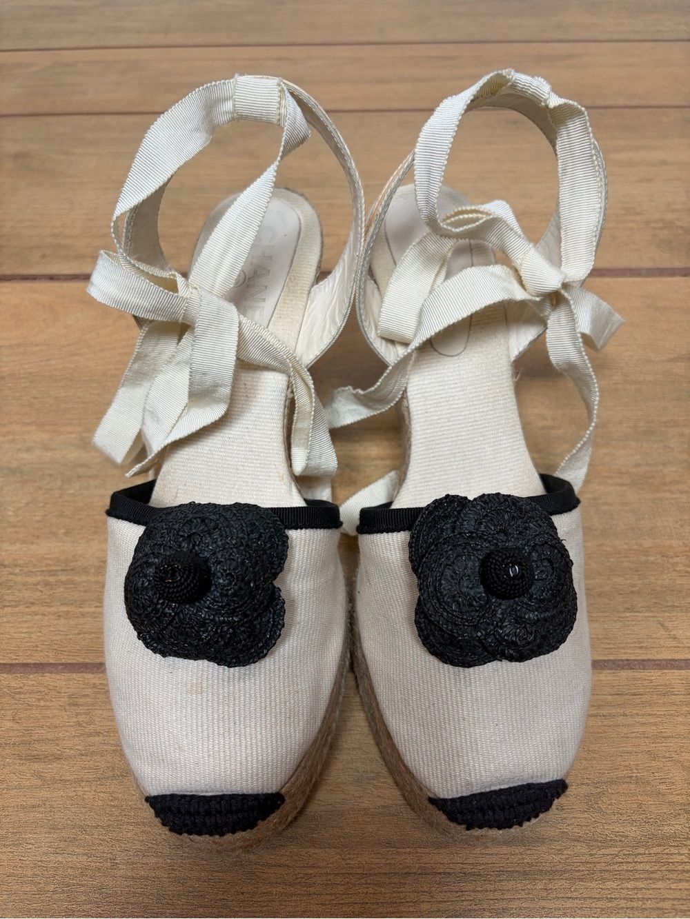 Chanel Cream and Black Camellia Flower Espadrille Wedges Ballerina Ribbon Ties